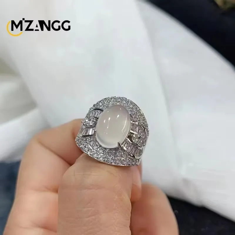 Natural White Agate Gemstone Ring 925 Silver Inlay Simple Exquisite High Ice White Chalcedony Ring Men and Women Holiday Gift