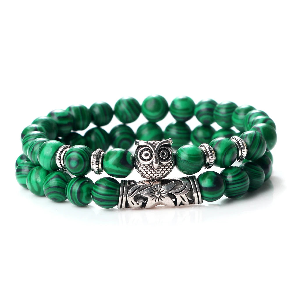Fashion Natural Stone Beads Bracelet For Men Classic Owl Beaded Black Lava Onyx Beads Charm Bracelets Women Jewelry Couples Gift