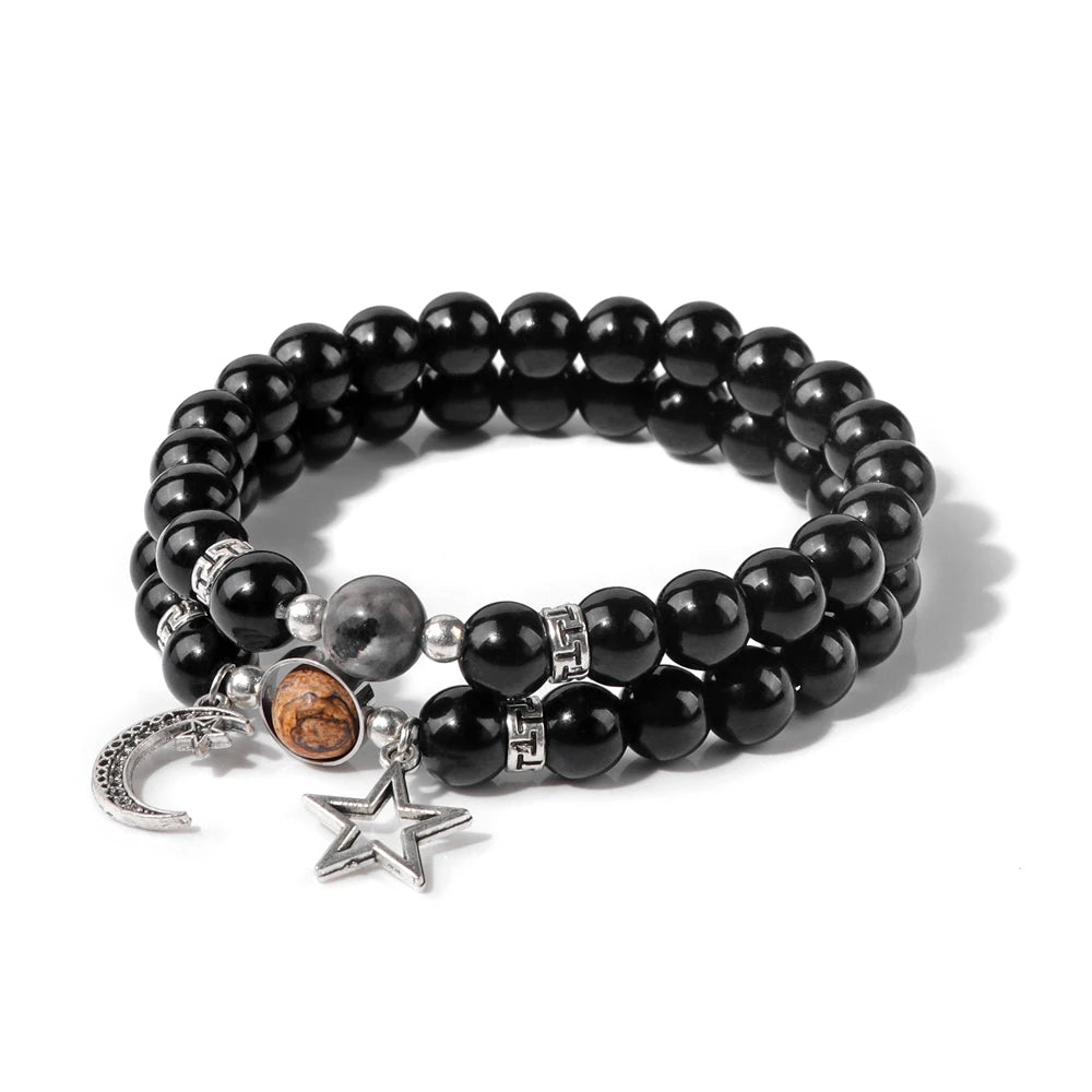 2pcs/set Star Moon Couples Labradorite Bracelet Natural Stone Black Onyx Opal Beads Stretch Bracelets for Women Men Jewelry Gift