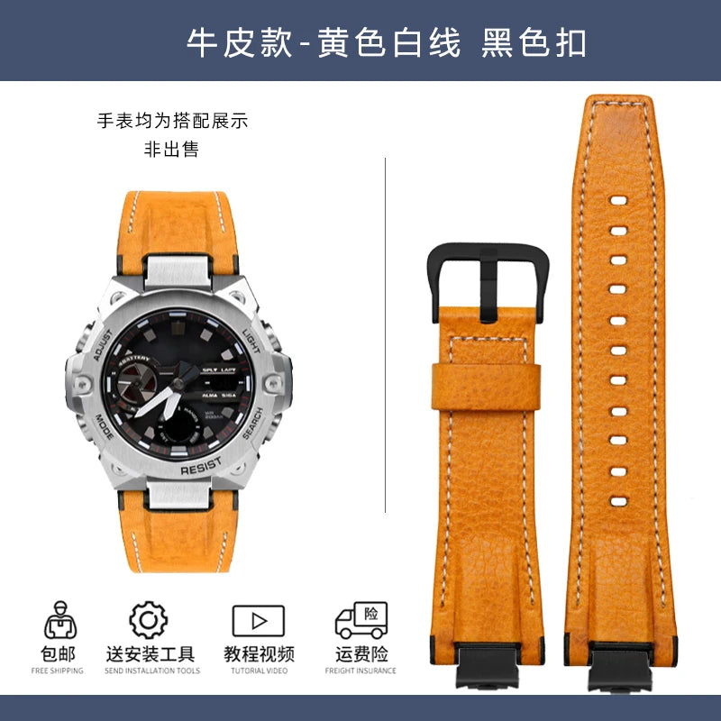 14mm Stainless Steel adapter Italian Genuine Leather Watchband For Casio G-Shock GST-B400 men cowhide Watch Strap nylon Bracelet