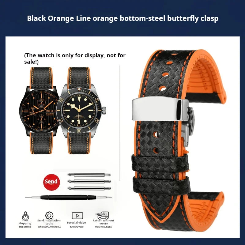 Men's Carbon Fiber Rubber Watchband For Omega SEAMASTER Tudor Black bay  Clasp Strap Watch band Men Orange White Red accessories
