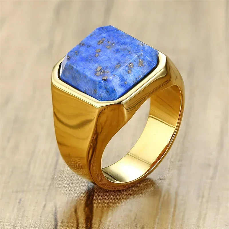 Vintage Men's Signet Rings Square Natural Tiger’s Eye Lapis Lazuli Stone Classic Male Stainless Steel Jewelry Gift for Boyfriend