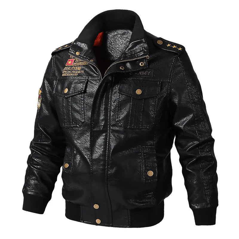 MAIDANGDI Men's Top Artificial Leather Jacket Men Plush Motorcycle Jacket Trend Youth Baseball Jersey Embroidered Dermis Leather