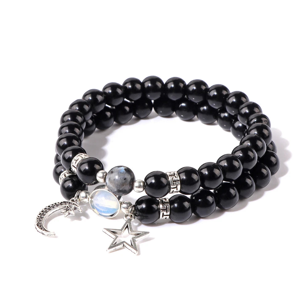 2pcs/set Star Moon Couples Labradorite Bracelet Natural Stone Black Onyx Opal Beads Stretch Bracelets for Women Men Jewelry Gift