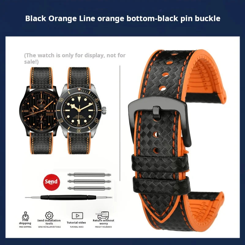 Men's Carbon Fiber Rubber Watchband For Omega SEAMASTER Tudor Black bay  Clasp Strap Watch band Men Orange White Red accessories