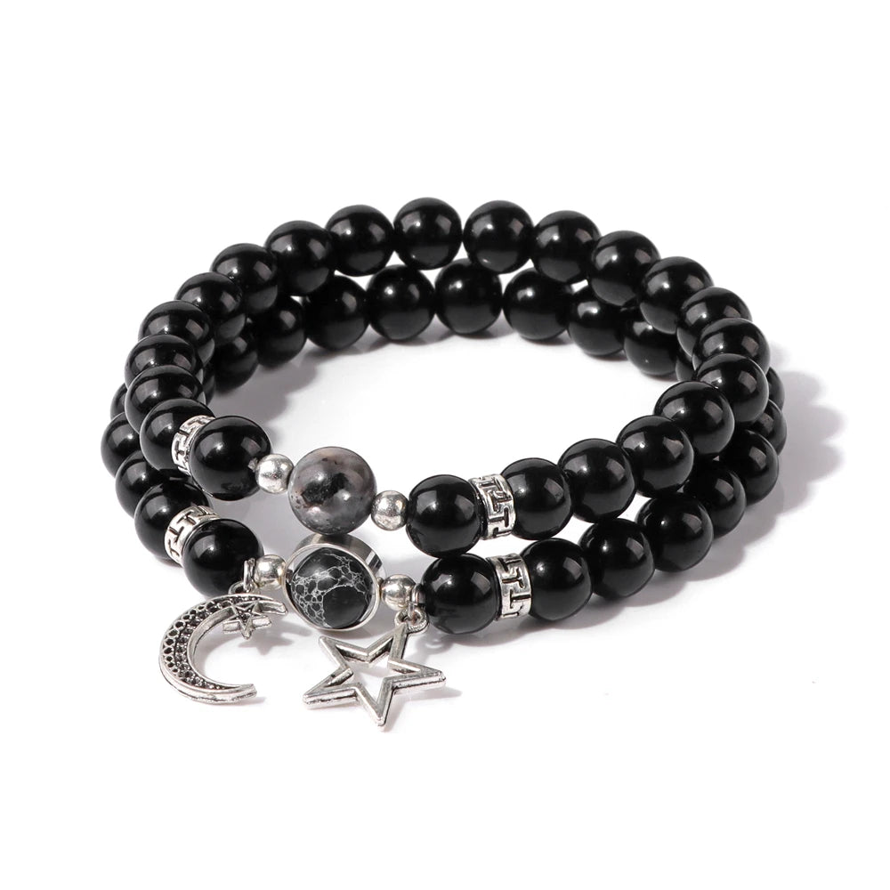 2pcs/set Star Moon Couples Labradorite Bracelet Natural Stone Black Onyx Opal Beads Stretch Bracelets for Women Men Jewelry Gift
