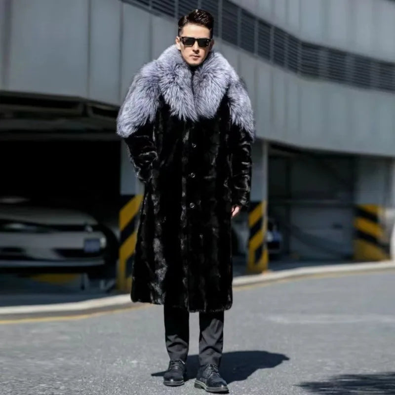 Men's Faux Mink Coat Winter Long Fur Coat Black Color Warm Windbreaker Plus Size Fur Collar Luxur Brands Men's Clothing Jackets
