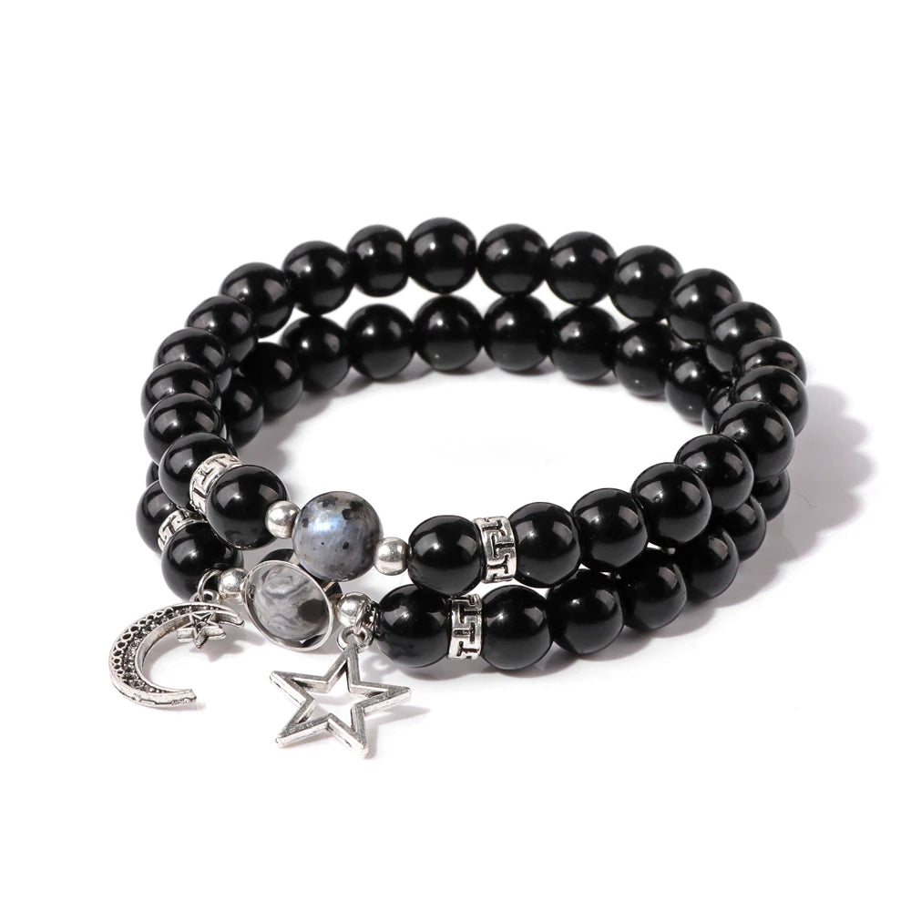 2pcs/set Star Moon Couples Labradorite Bracelet Natural Stone Black Onyx Opal Beads Stretch Bracelets for Women Men Jewelry Gift