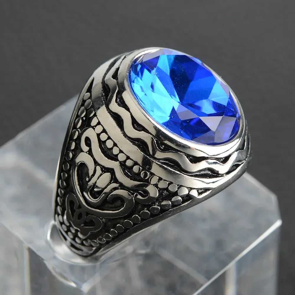 Handmade Navy Blue Stone Rings for Men Engraved Rock Punk Men's Stainless Steel Jewelry Boys Man Signet Ring Silver Gold Color