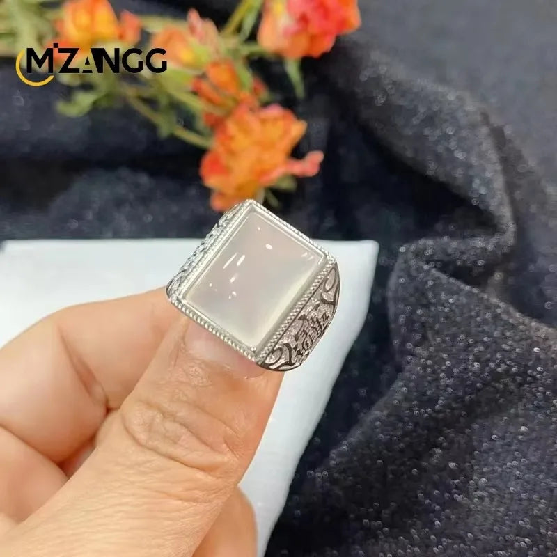 Natural White Agate Gemstone Ring 925 Silver Inlay Simple Exquisite High Ice White Chalcedony Ring Men and Women Holiday Gift