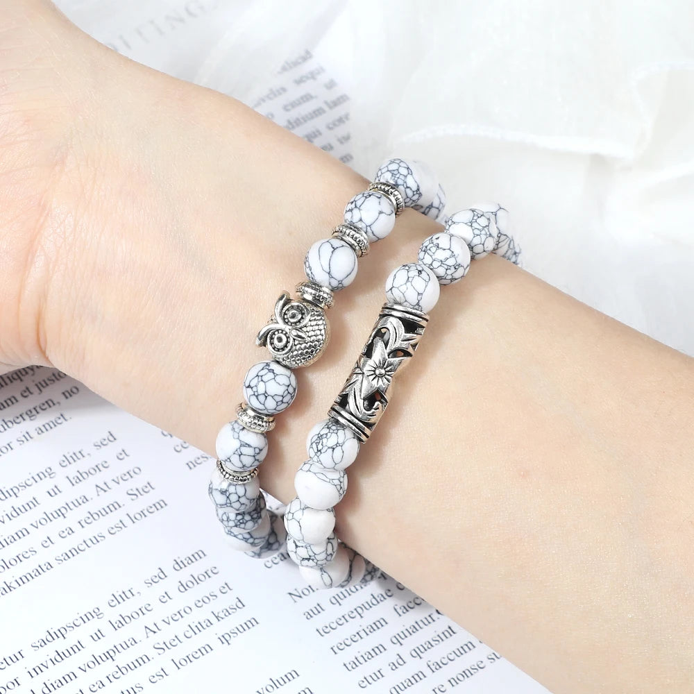 Fashion Natural Stone Beads Bracelet For Men Classic Owl Beaded Black Lava Onyx Beads Charm Bracelets Women Jewelry Couples Gift