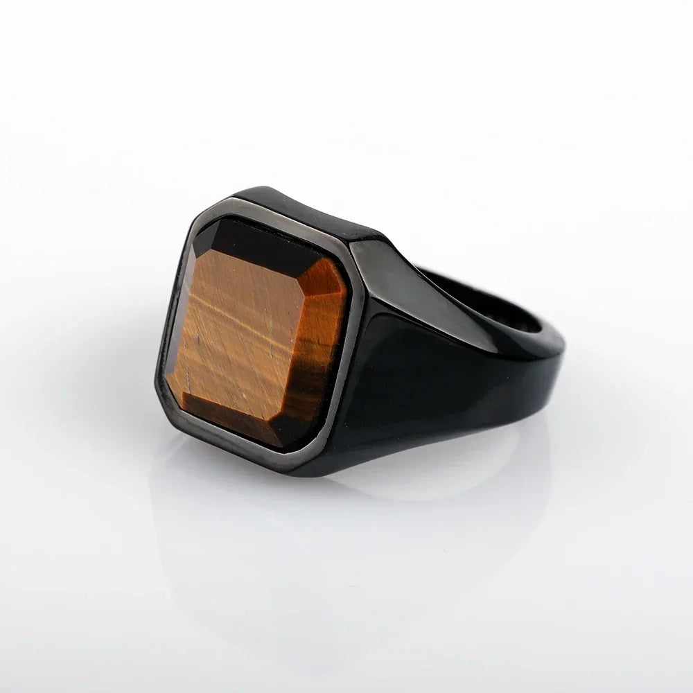 Vintage Men's Signet Rings Square Natural Tiger’s Eye Lapis Lazuli Stone Classic Male Stainless Steel Jewelry Gift for Boyfriend