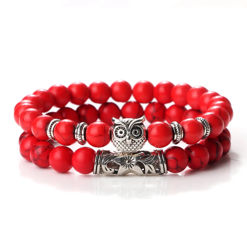Fashion Natural Stone Beads Bracelet For Men Classic Owl Beaded Black Lava Onyx Beads Charm Bracelets Women Jewelry Couples Gift