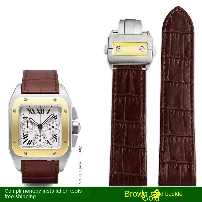 cowhide watch strap For Cartier Santos 100 Series Men And Women Folding Buckle black brown Watch band 20mm 23mm Replace bracelet